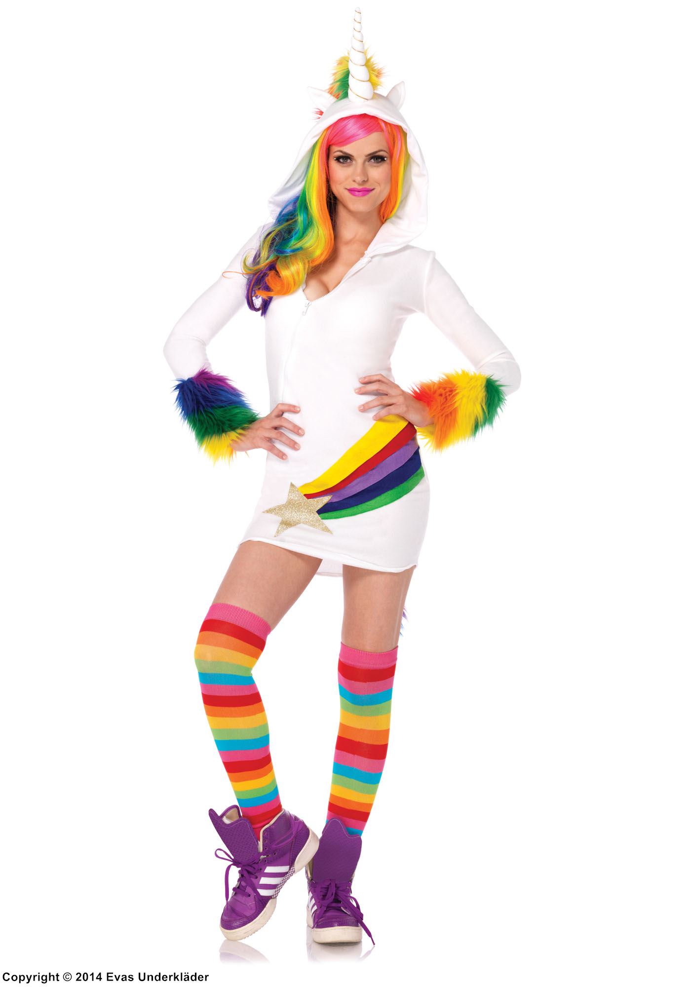 Unicorn (woman), costume dress, faux fur, tail, horn, colorful design